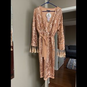 Boohoo Sequin And Tassel Kimono Sleeve Midi Dress